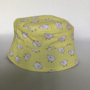 Sheep on Yellow / Sheep Sun Hat / Bucket Hat / Toddler Sun Hat / Baby Sheep Sun Hat / Yellow Sun Hat / Pink Reverse / Chin Strap / BHL13