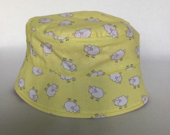 Sheep on Yellow / Sheep Sun Hat / Bucket Hat / Toddler Sun Hat / Baby Sheep Sun Hat / Yellow Sun Hat / Pink Reverse / Chin Strap / BHL13