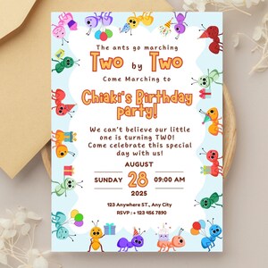Ants Go Marching Birthday Invitation, Second Birthday Party Boy or Girl Invite, 2nd Birthday Decorations, Neutral Nursery Rhymes Birthday