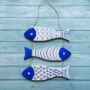 Nautische Wandbehang, 3er Set Blaue Holzfische, Küstenstrand Hausbehang, Meereshängefischskulptur, Ocean Wohnkultur, Housewarminggeschenk