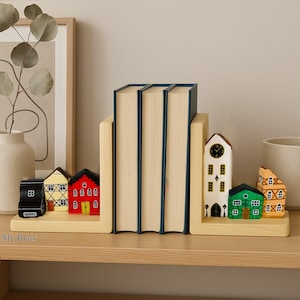 Gepersonaliseerde dorpsboekensteunen: handgeschilderd houten bibliotheekdecor