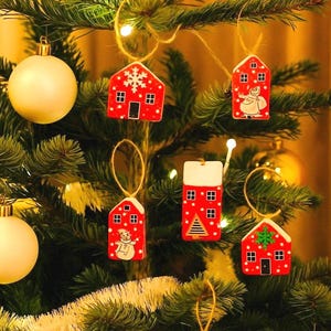 Handmade Red Wooden House Christmas Ornaments ~ Set of 5 Winter Village Homes ~ Christmas Tree Decorations ~ Handmade Holiday Decor