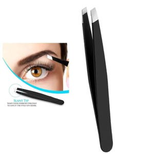 May include: Black slant tip tweezers with silver tips. The image includes a close-up of an eye with perfectly shaped eyebrows, and the text "SLANT TIP SHAPE YOUR EYEBROWS PRECISELY TO GIVE IT THE STYLE YOU DESIRE."