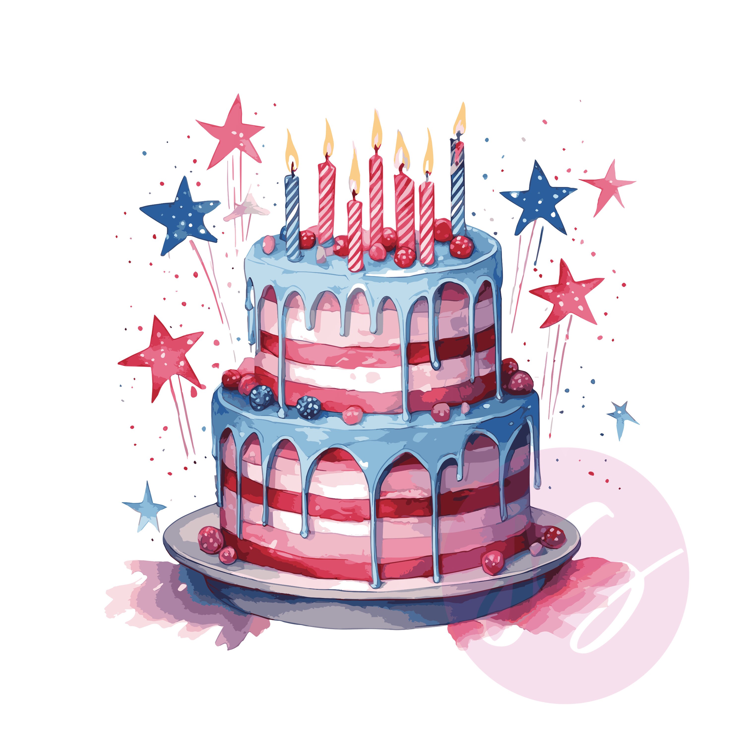 USA Red, White, Blue Birthday Cake Watercolor Clipart, Independence