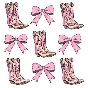 May include: Watercolor illustration featuring pink cowboy boots and bows. The boots have a pink and tan design with brown soles. The bows are a solid pink color. The arrangement is a repeating pattern on a white background.