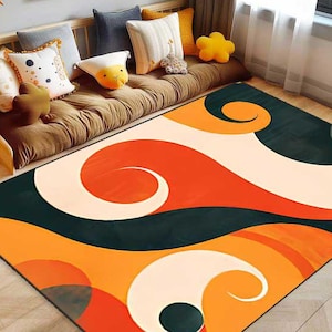 Alfombra abstracta moderna de mediados de siglo, color naranja quemado retro de los años 70, con un diseño geométrico llamativo en tonos retro para sala de estar, dormitorio u oficina.