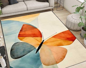 70's Rug, Art Butterfly Rug, Living Room Rug, Bedroom Rug, Bohemian Butterfly Rug, Rug for Gift, Area Rug, Housewarming Gift,Mid-Century Rug