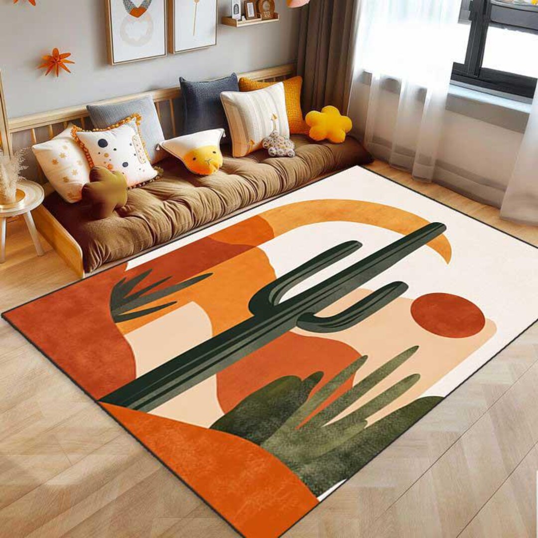 70s Retro Cactus Mid Century Living Room Rug, Bohemian Cactus Non Slip ...