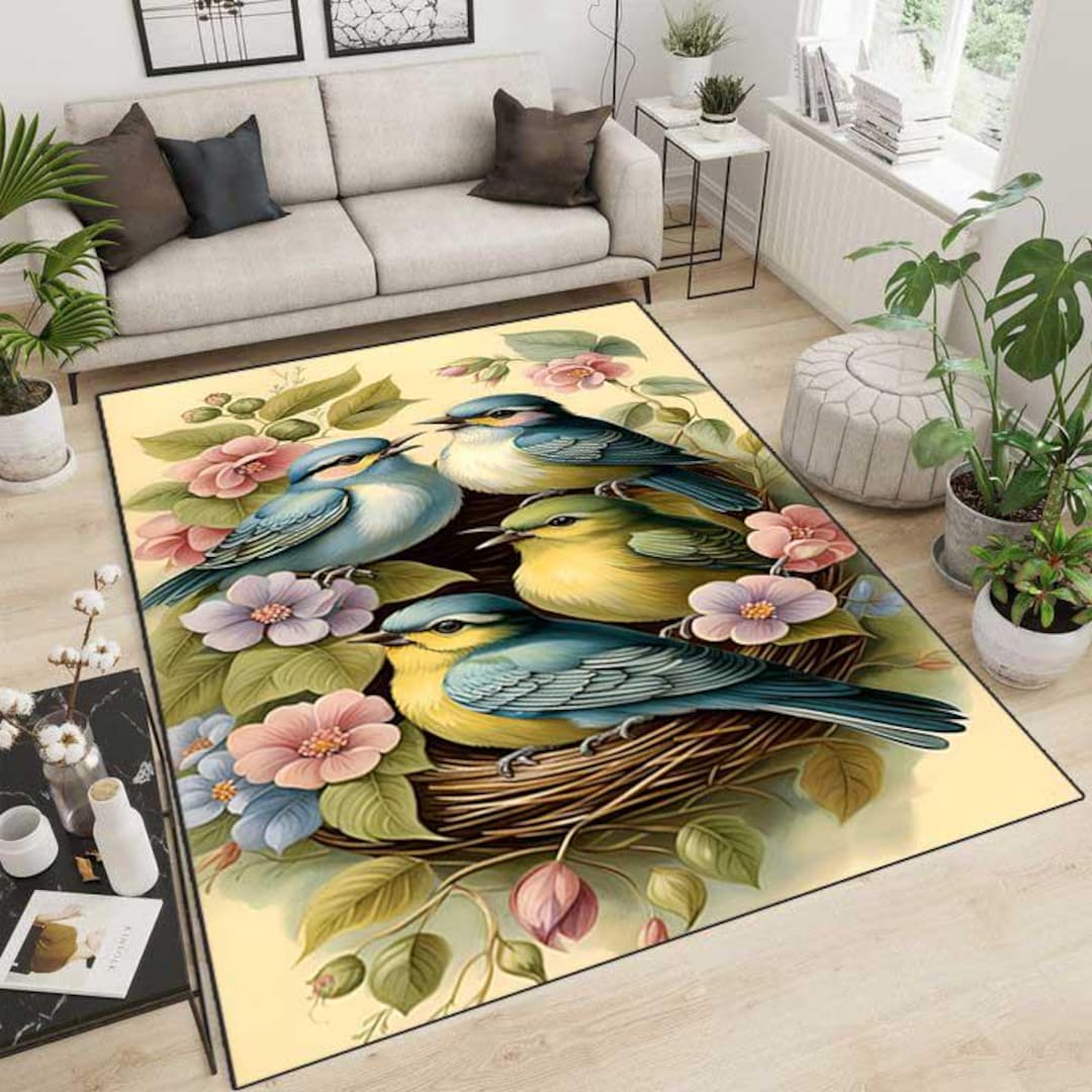 Sparrow Patterned Rug, Bird Rug, Gift Rug for Bird Lovers, Flower Rug ...