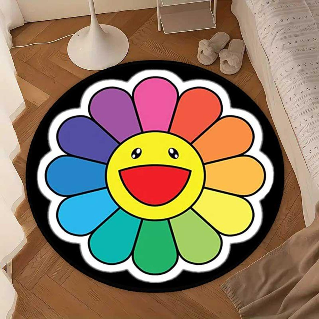 Takashi Smiley Face Rug, Takashi Murakami Rug, Rainbow Flower Rug ...