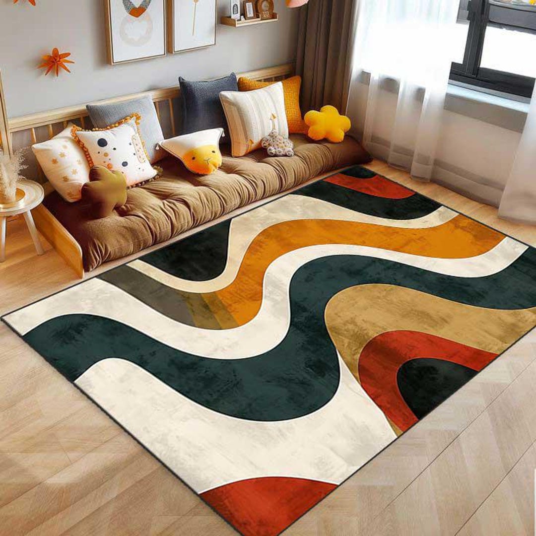 70's Retro Rug|geometric Mid-century Modern Rug|wavy Patterned Rug ...