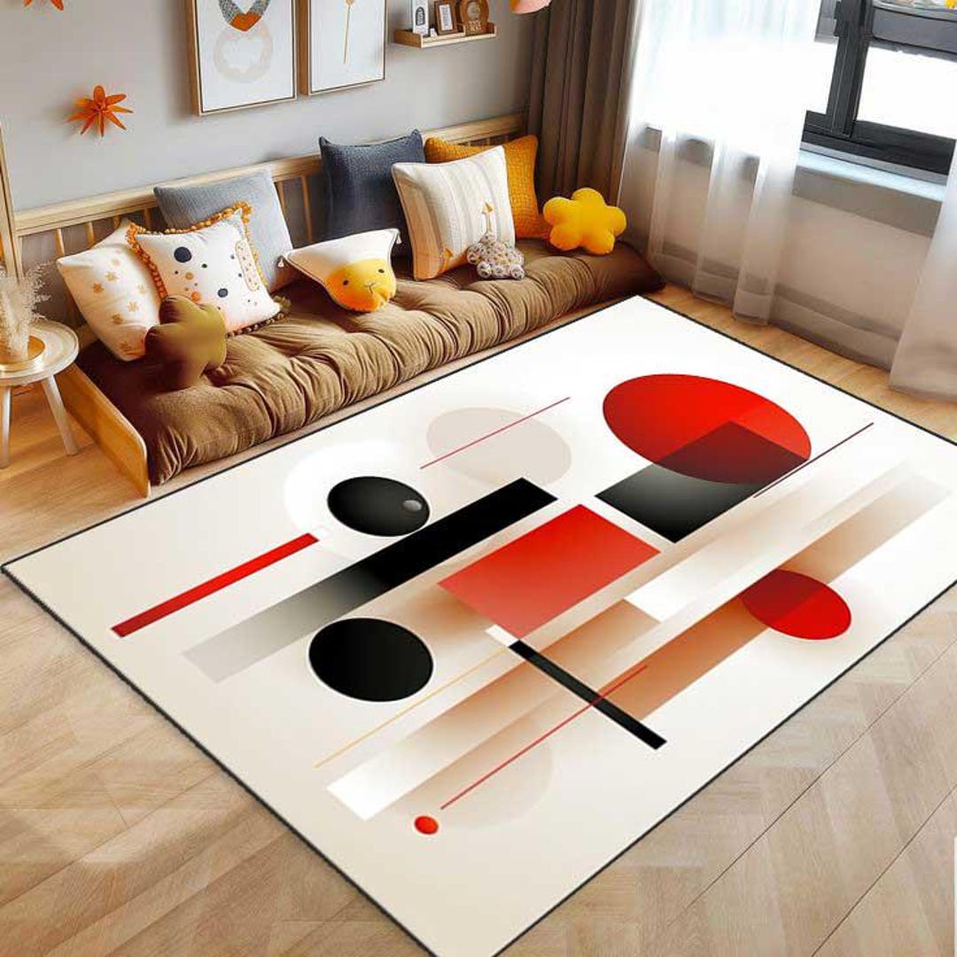 幾何学的なカラフルなパターンのラグ、抽象的なラグ、モダンな部屋の