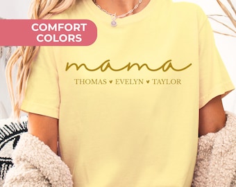 Camiseta personalizada Comfort Colors para mamá con nombres de niños, camiseta para mamá, regalo del Día de la Madre para mamá, camiseta amarilla, amarillo para mamá, camiseta amarilla personalizada