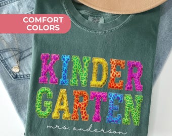 Custom Comfort Colors® Kindergarten Teacher Shirt First Day Kinder Matching Group TShirt Neon Leopard Faux Patchwork Educator Back to School
