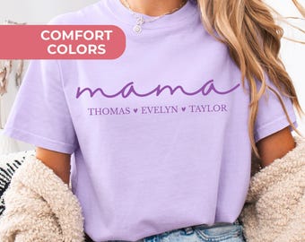 Camiseta personalizada Comfort Colors para mamá con nombres de niños, camiseta para mamá, regalo del Día de la Madre para mamá, camiseta morada, mamá morada, camiseta morada personalizada