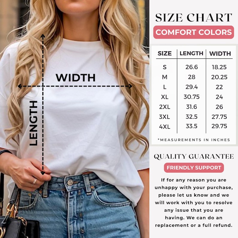 Puede incluir: Camiseta blanca con una tabla de tallas que muestra medidas en pulgadas. La tabla incluye tallas de la S a la 4XL, con dimensiones de largo y ancho. El texto "COMFORT COLORS" est&aacute; encima de la tabla de tallas. La imagen tambi&eacute;n incluye el texto "QUALITY GUARANTEE" y "FRIENDLY SUPPORT".