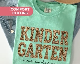Custom Comfort Colors® Kindergarten Teacher Shirt First Day Kinder Matching Group T-Shirt Leopard Faux Patchwork Educator Back to School