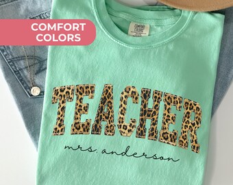 Comfort Colors® Personalized Teacher Name Leopard Shirt, Faux Patchwork Teacher Tee, Custom Teacher Gift, Back To School,Teacher Team Shirts