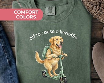 Camiseta divertida con diseño de perro dorado y scooter, con colores cómodos, ideal para causar un alboroto, con temática de salud mental animal, humor sarcástico para adultos.