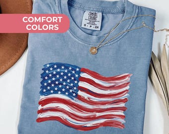 Comfort Colors® Retro American Flag Shirt, Brushstroke USA Tee, 4th of July Shirt, Patriotic Graphic Shirt, Fourth of July Shirt