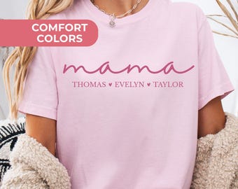 Camiseta personalizada Comfort Colors para mamá con nombres de niños, camiseta para mamá, regalo del Día de la Madre para mamá, camiseta rosa, rosa para mamá, camiseta rosa personalizada