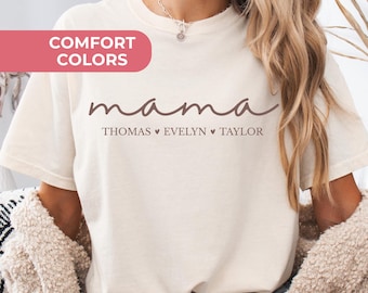 Camiseta Comfort Colors personalizada para mamá con nombres de niños, camiseta para mamá, regalo del Día de la Madre para mamá, camiseta color marfil, camiseta para mamá color marfil, camiseta personalizada color marfil