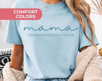 Camiseta Comfort Colors personalizada para mamá con nombres de niños, camiseta para mamá, regalo del Día de la Madre para mamá, camiseta azul, azul para mamá, camiseta azul personalizada