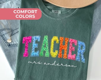 Comfort Colors® Personalized Teacher Name Neon Leopard Shirt, Faux Patchwork Teacher Tee, Custom Teacher Gift, Back To School, Teacher Shirt