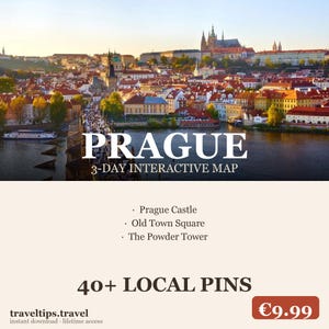 Op de afbeelding: Een digitale gids getiteld PRAGUE 3-DAY INTERACTIVE MAP met een panoramisch uitzicht op de stad met rode daken en een rivier. De tekst vermeldt Prague Castle, Old Town Square, The Powder Tower en 40+ LOCAL PINS.