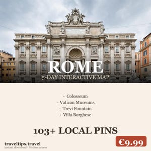 Op de afbeelding: Een digitale reisgids getiteld ROME 5-DAY INTERACTIVE MAP met een afbeelding van de Trevifontein. De tekst vermeldt Colosseum, Vatican Museums, Trevi Fountain en Villa Borghese, en geeft 103+ LOCAL PINS aan met traveltips.travel branding.