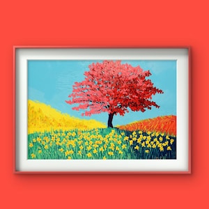 Árbol rojo vibrante de verano: paisaje inspirado en David Hockney, impresión digital, decoración de pared en tamaño ISO