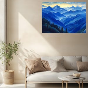 Blaue Berglandschaft Wandkunst, Roerich Stil mystische spirituelle Malerei, ruhige Natur Dekoration für Meditation oder Wohnzimmer, digitales Poster