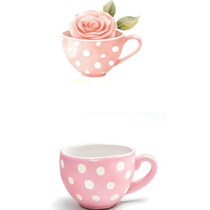 May include: Two pink teacups with white polka dots. One teacup has a pink rose inside.