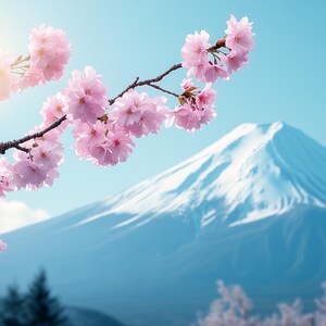 Impression numérique de fleurs de cerisier et du mont Fuji – art mural paysage japonais, affiche de Sakura, décoration d'intérieur zen, photographie du Japon à télécharger