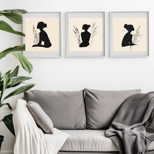Femininer Minimalismus, elegante Linien Set mit 3 quadratischen digitalen Postern, Boho-Stil, Gelassenheit in den Linien, perfekt für Innenräume