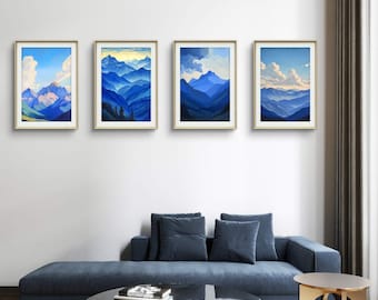 Berge, blaue Stille und Wolken - Set von 4 Digitalen Postern