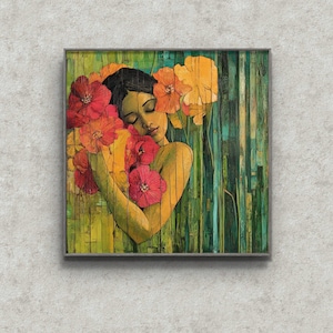 Mujer con flores - Inspirado en el estilo Gauguin, póster digital, varios tamaños, descarga instantánea