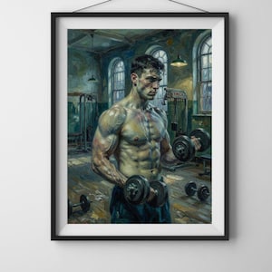 May include: A framed wall art print depicting a muscular individual exercising with dumbbells in a dimly lit, vintage-style gym. The scene features arched windows, wooden floors, and gym equipment, rendered in a painterly style with muted tones.