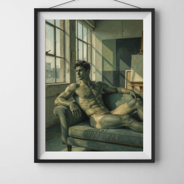 Gay Man Reclining Nude Art Print, Male Life Model Sofa Painting