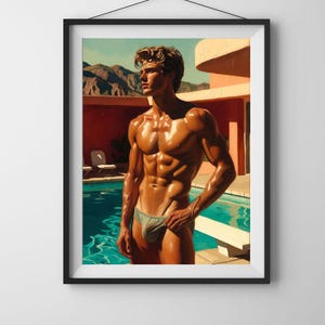 Peut inclure: Une impression d'art mural encadrée représentant une personne musclée à la peau bronzée debout près d'une piscine turquoise. La personne porte un maillot de bain clair. L'arrière-plan montre un bâtiment couleur pêche et des montagnes brunes.
