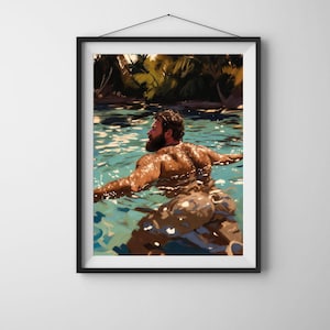 Puede incluir: Una impresión artística enmarcada representa a una persona nadando en agua turquesa, con un fondo de árboles verdes. La obra de arte es una pintura que se centra en la espalda y los hombros de la persona, con una barba oscura.
