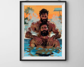 Gay Bear Couple Art Print Hot Tub Mid Century Modern Daddy Massage Wall Art