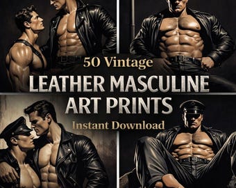 50枚のヴィンテージレザー男性アートバンドル – ハイパーマスキュリンな男性のイラストプリント
