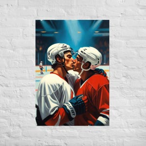 May include: A digitally painted poster featuring two hockey players in a romantic embrace. They are wearing white helmets and jerseys in red and white. The background depicts a hockey rink with bright lights.