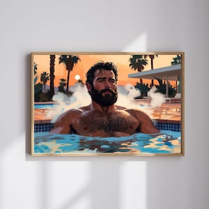 Könnte beinhalten: Ein gerahmter Kunstdruck zeigt einen Mann in einem Pool mit Dampf. Das Kunstwerk zeigt einen Mann mit Bart und Schnurrbart in einem Pool mit Sonnenuntergangshintergrund und Palmen. Die Kunst ist in einem Holzrahmen.