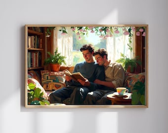 Gay Cottagecore Couple Reading Book Cosy Home Romantic Love Art Print Digital Download