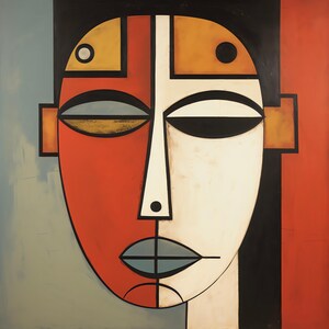 May include: Abstract artwork depicting a stylized face. The face is split vertically, with one side red and the other white. Geometric shapes in black, yellow, and orange form the features. The background is a mix of blue, black, and red.