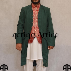 Green Wool Frock Coat: Colonial Gentleman&#39;s Long Pirate Jacket