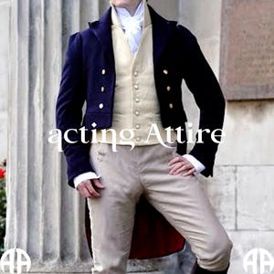 May include: A navy blue tailcoat with gold buttons, worn over a cream-colored waistcoat and light tan trousers. The outfit includes a white cravat and cuffs. The text "acting Attire" is visible. This is suitable for historical reenactments or theatrical productions.