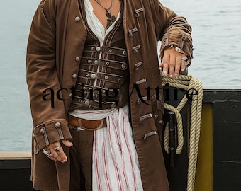 Brown Pirate Jacket, Pirate Buccaneers Frock Coat, Halloween Medieval Cosplay Costumes, Woolen Outfit